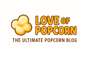 Love of Popcorn logo with a 3D-style popped kernel and tagline "The Ultimate Popcorn Blog"