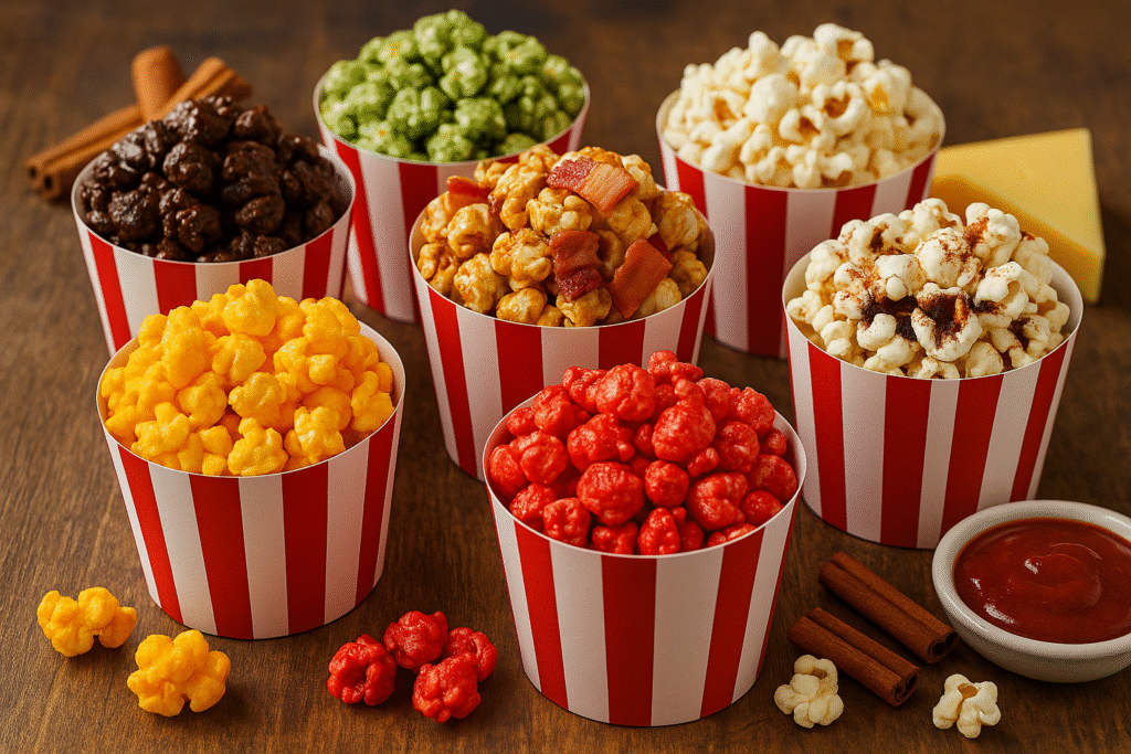 Colorful assortment of unusual popcorn flavors including spicy, cheesy, sweet, and fruit-inspired varieties displayed in bowls on a tasting table