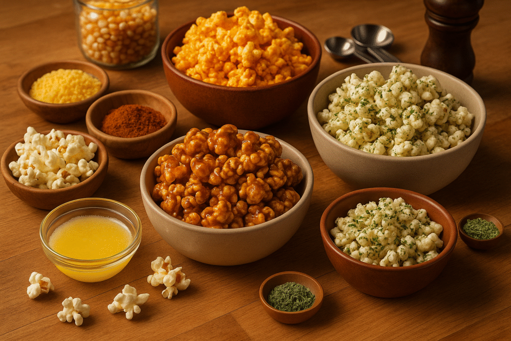 Four bowls of homemade gourmet popcorn in different flavors including cheesy, caramel, spicy, and cinnamon, arranged on a kitchen counter with seasoning ingredients nearby