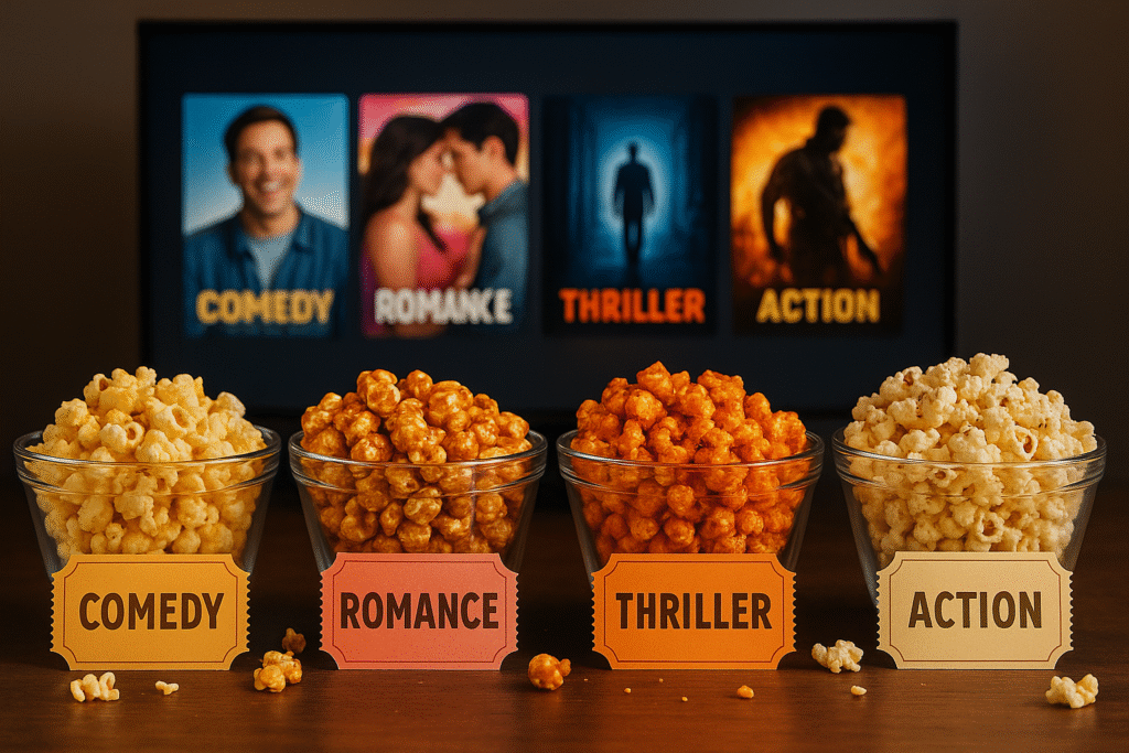 Four clear bowls of flavored popcorn lined up in front of a TV with different movie genres on screen, representing flavor pairings for film nights