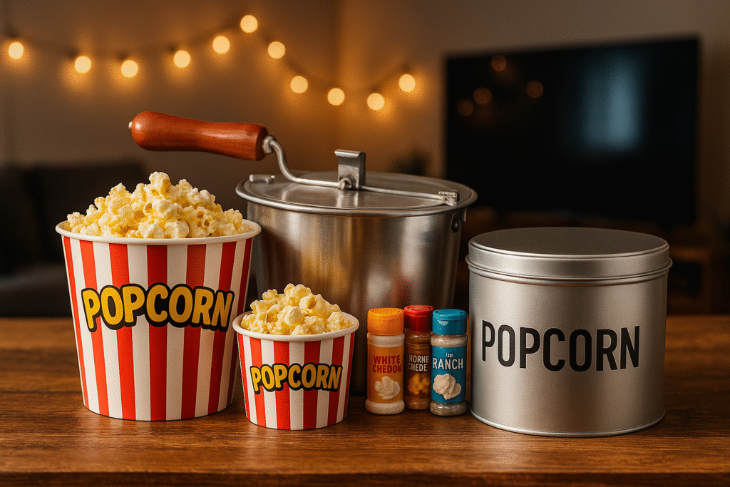 Popcorn-themed setup on a kitchen counter featuring a Whirley Pop stovetop popper, seasoning shakers, retro popcorn buckets, and an airtight storage jar